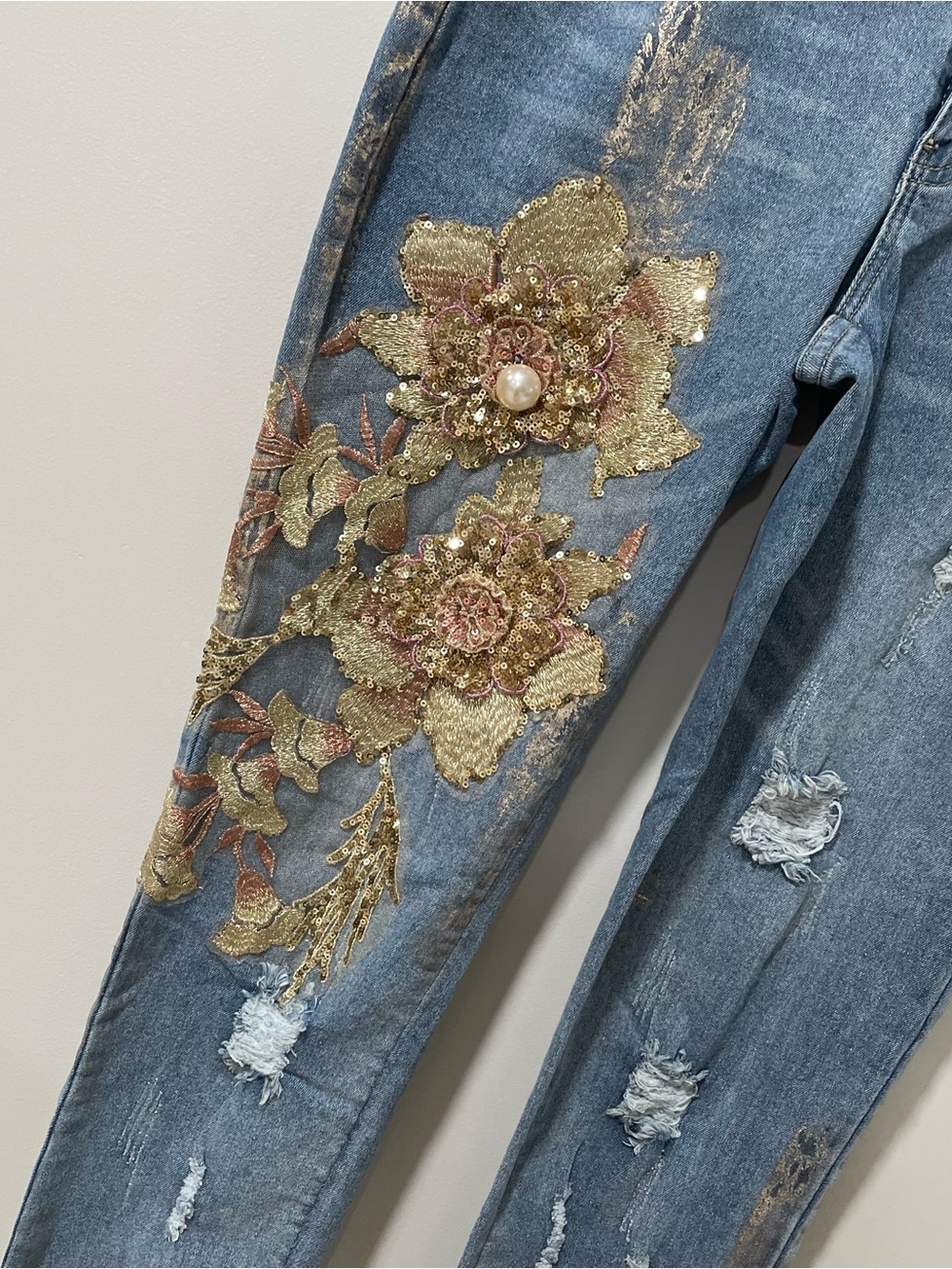 Embellished Denim Jeans Gold Sequins Festival Bold Y2K Artistic Glam Boho - Picture 4 of 11